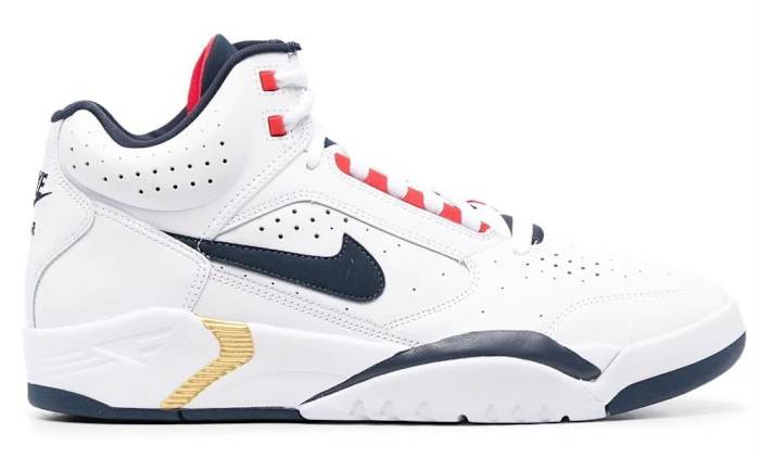 White and navy Nike Air Flight shoes.